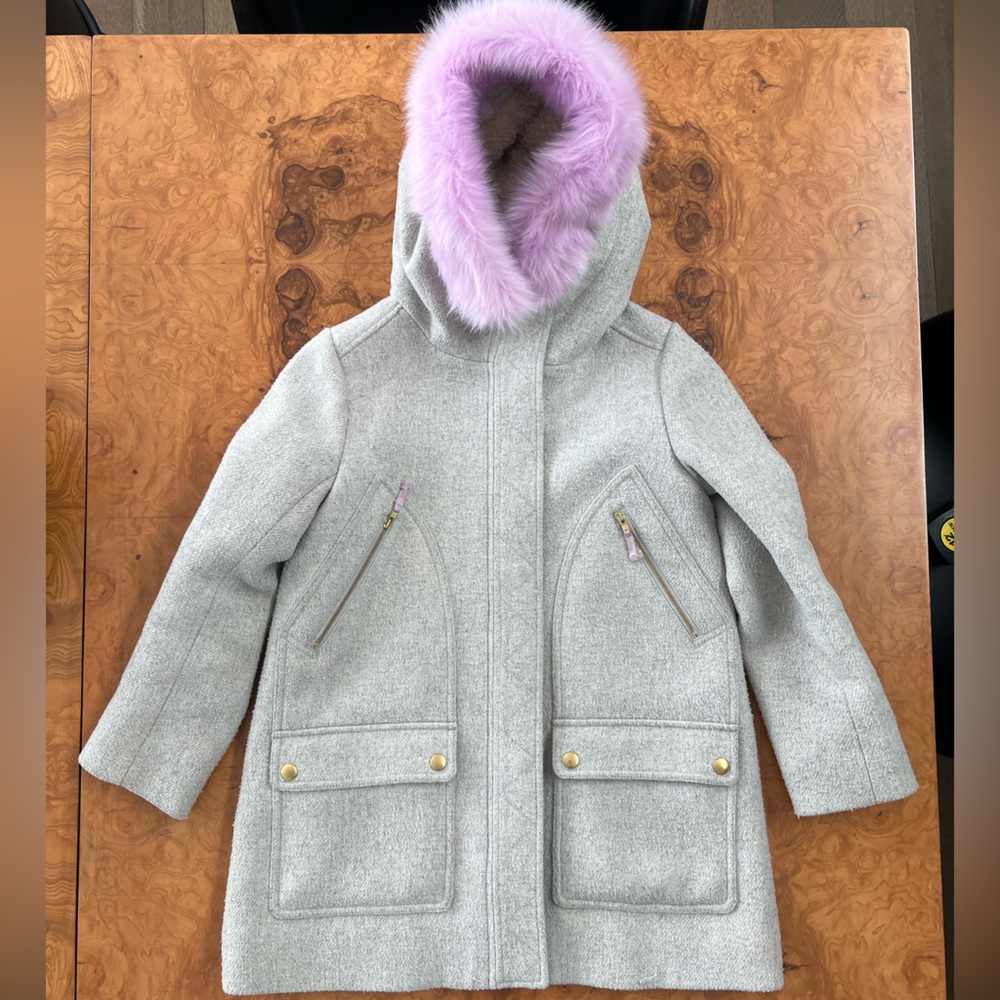 J Crew Girls Stadium Cloth Parka Size 10 Gray with Lavender Fur-Lined Hood